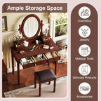 Okak Vintage Wooden Makeup Vanity with Adjustable Angle Mirror, Vanity Table with 5 Drawers and Cushioned Stool, Vanity Desk for Bedroom