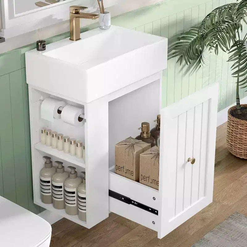 Bathroom Vanity with Ceramic Sink, MDF Storage Drawer, Side Shelf & Golden Handle