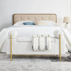 Upholstered Linen Storage Bench with Cylindrical Arms and Gold Metal Legs