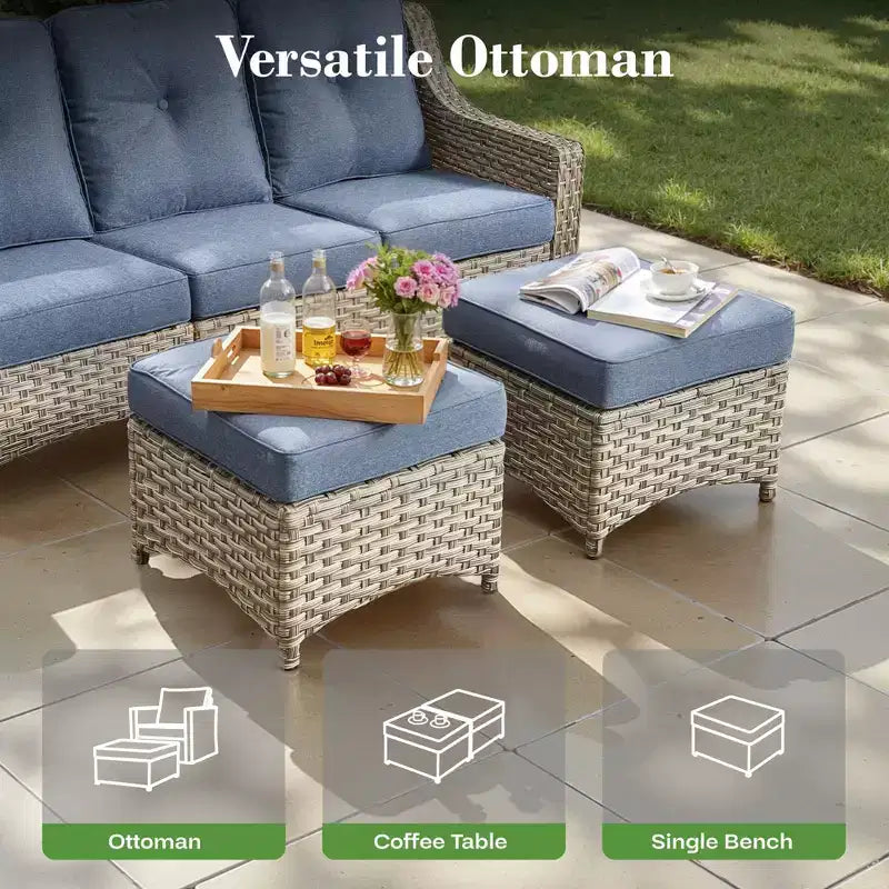 HOMLUX 6 PCS Patio Wicker Conversation Set 3-Seat Sofa with Cushion, Rattan Chairs, Ottomans, Coffee Table