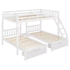 Full Over Twin & Twin Bunk Bed for 3, Wooden Triple Bunk Bed with 2 Storage Drawers, can be Divided into 3 Separate Beds