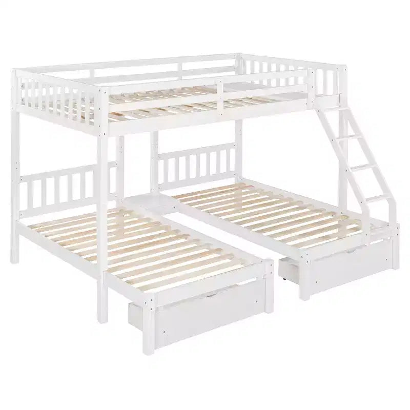 Full Over Twin & Twin Bunk Bed for 3, Wooden Triple Bunk Bed with 2 Storage Drawers, can be Divided into 3 Separate Beds