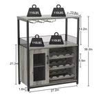 Grey 3-Tier Industrial Wine Bar Cabinet (12+ Bottles)  36H x 24W x 15D, Detachable Rack, 9 Glass Holders & Adjustable Shelves for Home/Bar