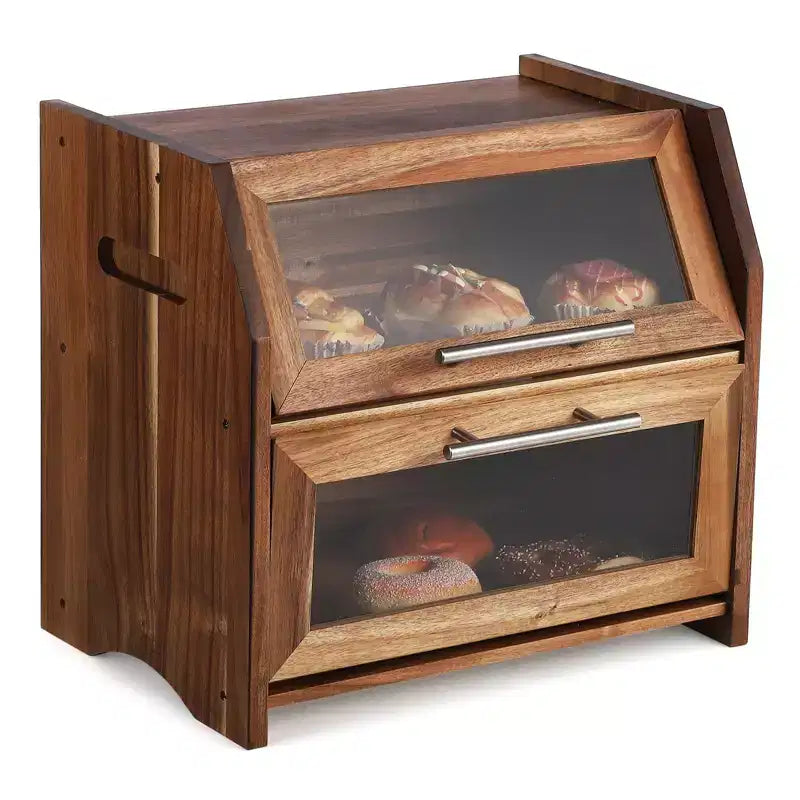 Bread Box, Double Layer Acacia Wooden Bread Bin with Clear Acrylic Door Panel, Air Vents, Countertop Bread Container, Rustic Brown Bread Holder