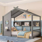 Twin Size Floor House Bed, Kids Montessori Playhouse Bed with Storage Shelf and Roof Design