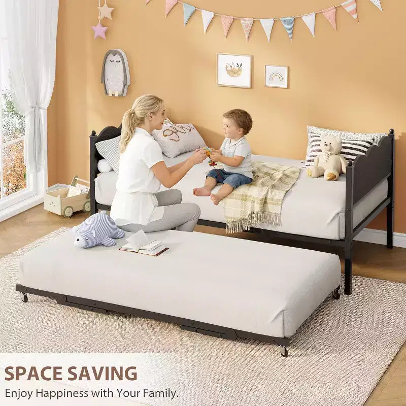 Twin Size Daybed with Trundle, Metal Frame with Wavy Wood Grain Headboard, Lockable Casters, Space-Saving Sofa Bed, No Box Spring Needed