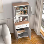 23 Wooden Kitchen Cabinet, Pantry Microwave Cabinet with Glass Doors and Drawers, Adjustable Shelves, White
