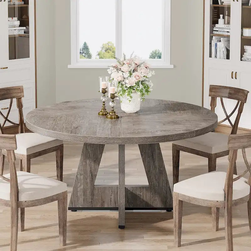 47 Inch Round Dining Table for 4, Wood Farmhouse Dinner Dinning Table for Kitchen Dining Living Room