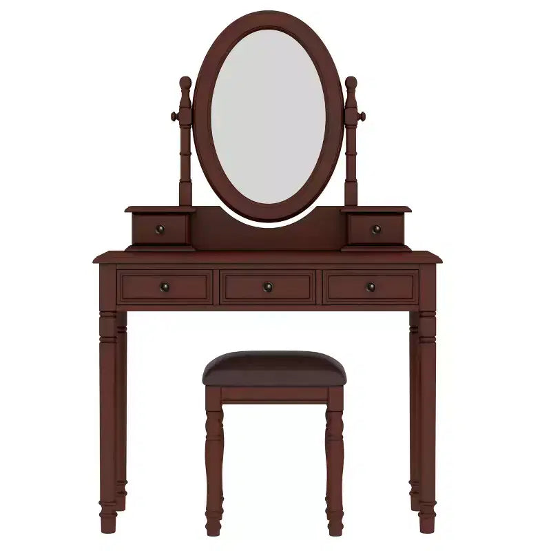 Okak Vintage Wooden Makeup Vanity with Adjustable Angle Mirror, Vanity Table with 5 Drawers and Cushioned Stool, Vanity Desk for Bedroom