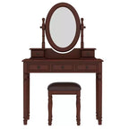 Okak Vintage Wooden Makeup Vanity with Adjustable Angle Mirror, Vanity Table with 5 Drawers and Cushioned Stool, Vanity Desk for Bedroom