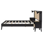 Queen Size Solid Wood Bed Frame with 2 Nightstands, Elegant Rattan and Wood Combination Platform Bed with Lamps - ModernLuxe