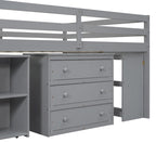 Full Size Loft Bed with Retractable Writing Desk and 3 Drawers, Wooden Loft Bed with Storage Stairs and Shelves