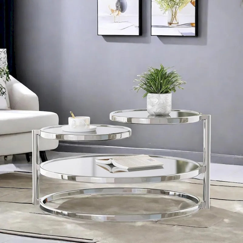Round Tempered Glass Coffee Table with 3 Tiers 360 Degrees Rotating Top