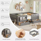 Bellemave Queen Size Toddler Bed with 14 Safety Guardrails, Space-saving Bed Frame with Built-in Bookshelves & 2 Under-Bed Storage Drawers