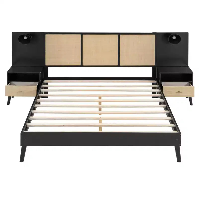 Queen Size Solid Wood Bed Frame with 2 Nightstands, Elegant Rattan and Wood Combination Platform Bed with Lamps - ModernLuxe