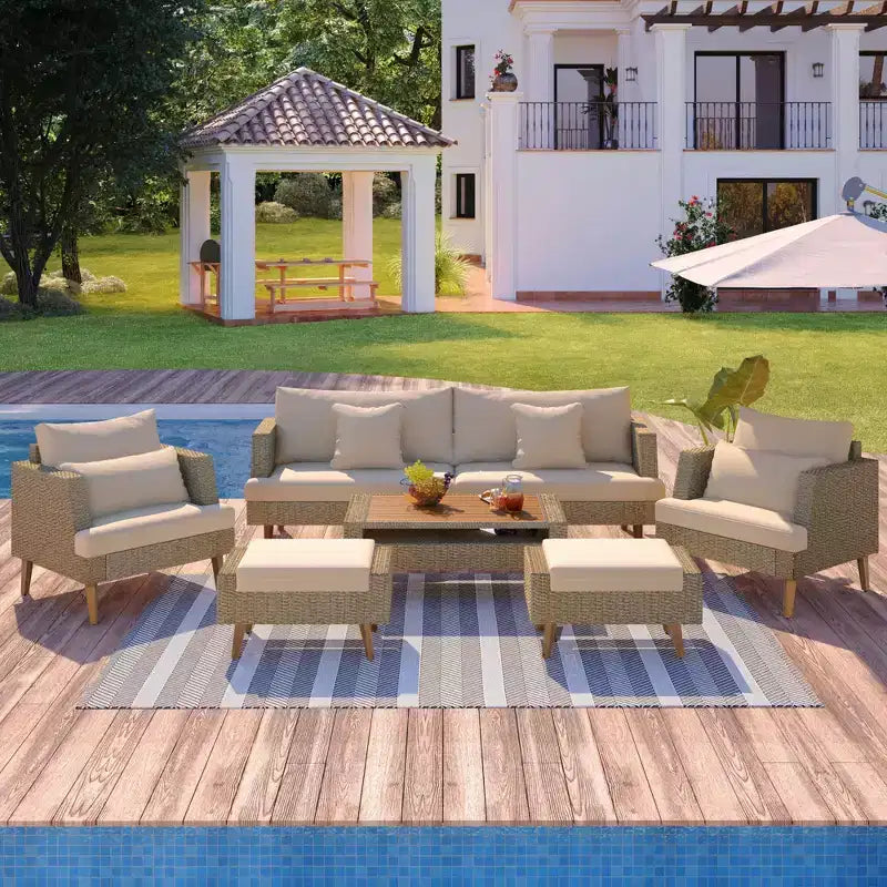 Whisen 6-Pieces All Weather PE Wicker Sofa Set, Outdoor Rattan sofa With Double Cushions