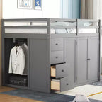 Teddy Fleece Full Size Loft Bed with Storage Shelf and Drawers, Wooden High Loft Bed with Versatile Desk for Bedroom