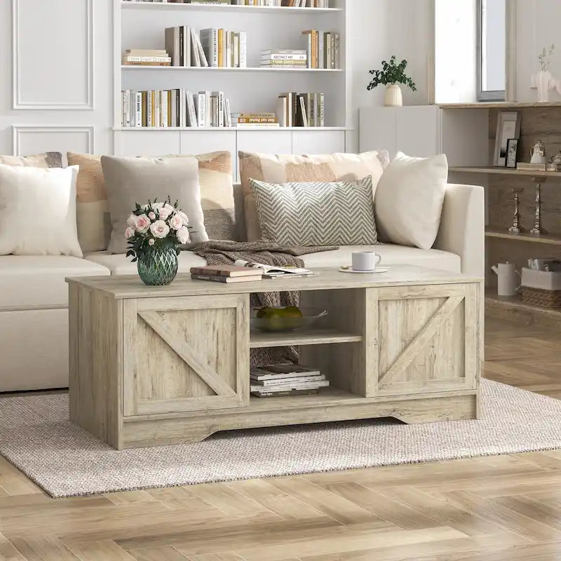 47 Rustic Farmhouse Coffee Table with Storage & Sliding Doors