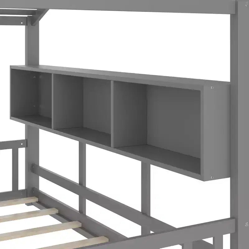 Twin Size Floor House Bed, Kids Montessori Playhouse Bed with Storage Shelf and Roof Design