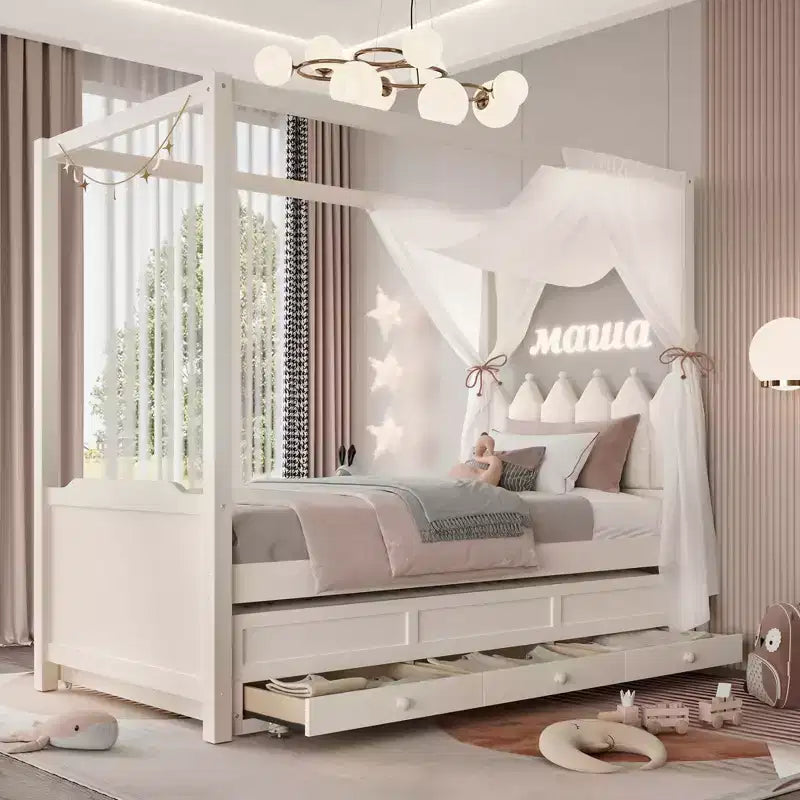 Twin/Full Size Platform Bed with Trundle, Princess Wood Canopy Bed with 3 Drawers, Storage Bed with Upholstered Headboard for Bedroom