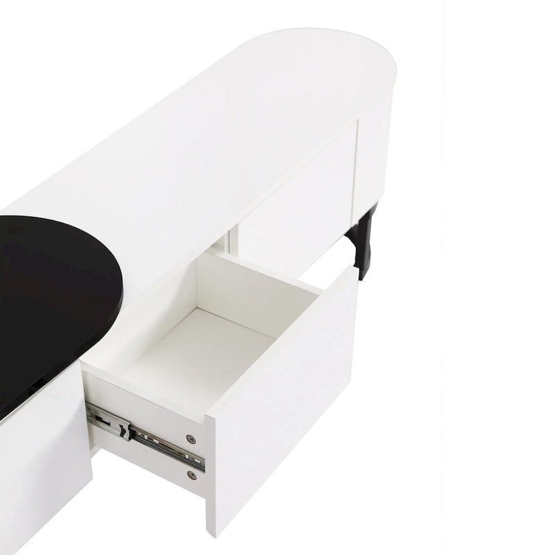 Modern Black White Retractable TV Stand with 3 Drawers and Metal Adjustable Legs for Living Room Bedroom