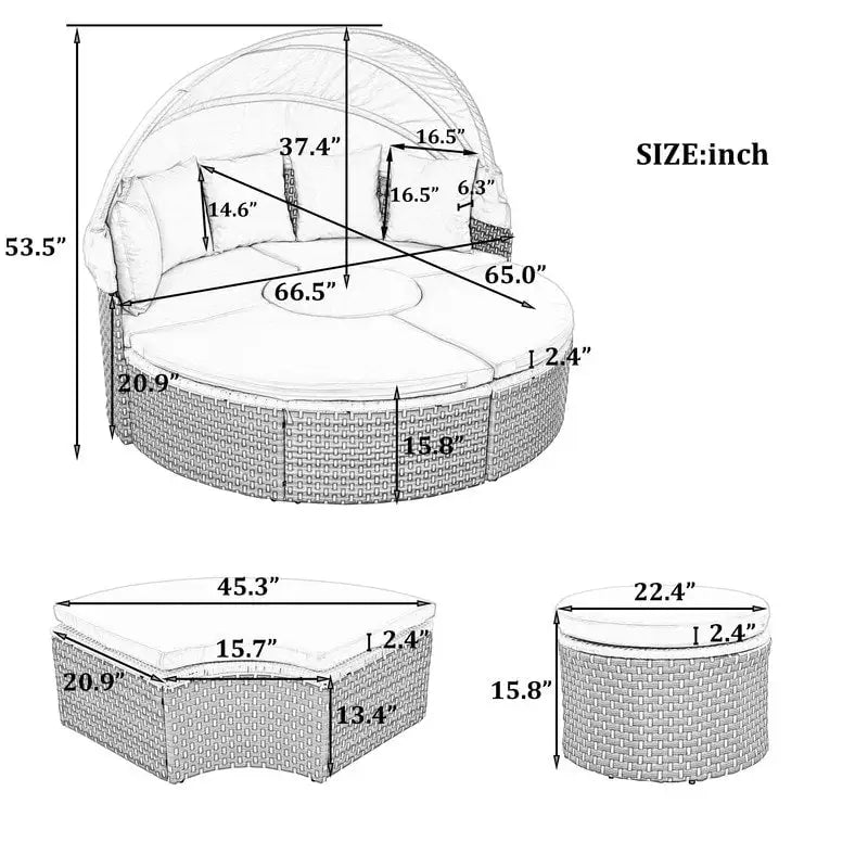 Round Outdoor Daybed Two-Tone Weave Sunbed with Retractable Canopy