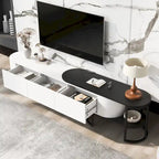 Modern Black White Retractable TV Stand with 3 Drawers and Metal Adjustable Legs for Living Room Bedroom