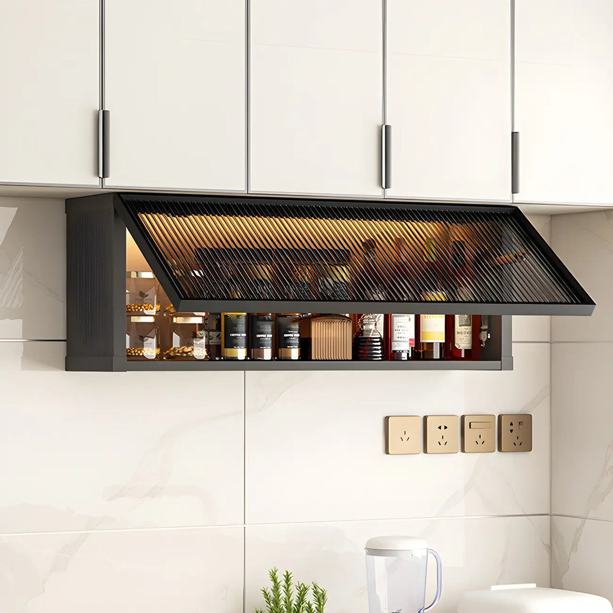 Grey Metal Floating Mounted Glass Kitchen China Cabinet