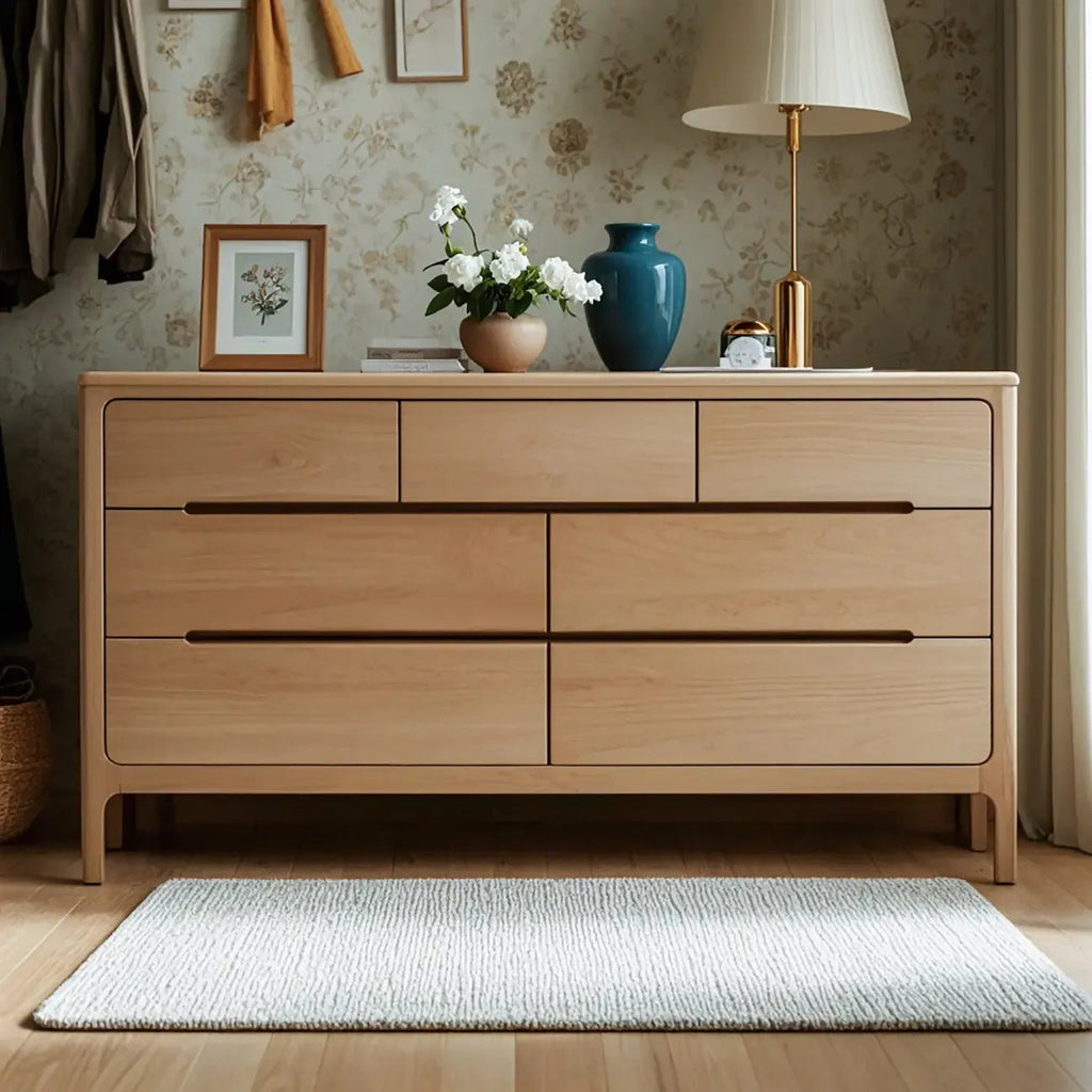 Traditional Natural Oak Wood Double Dresser for Bedroom