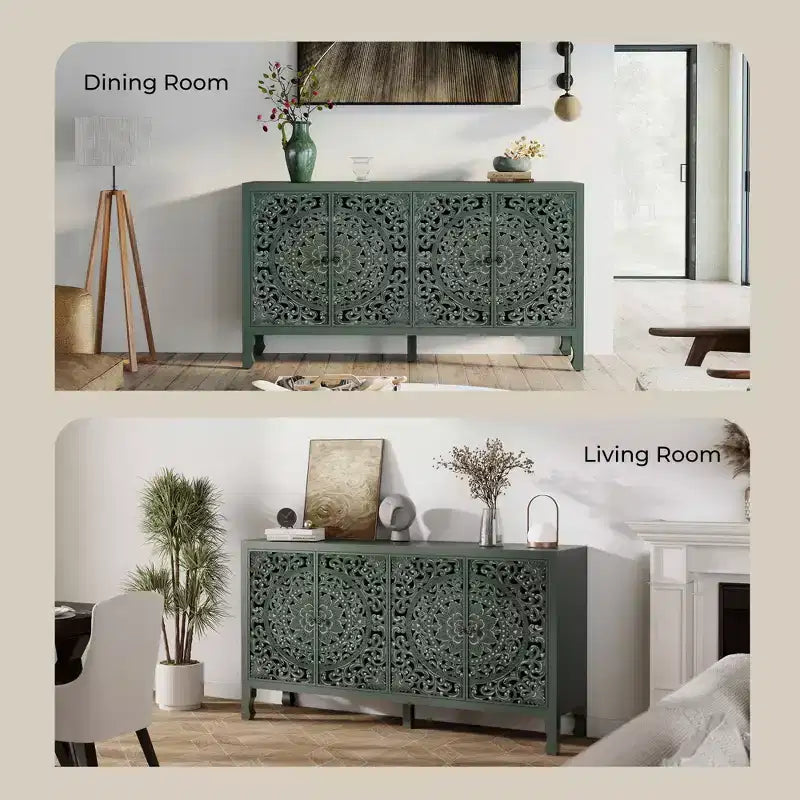 Buffet Cabinet with Storage, Distressed Storage Cabinet with 4 Carved Doors and Adjustable Shelf, Wooden Accent Sideboard Buffet Cabinets