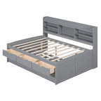 Full Size Wooden Captain Platform Bed with Built-in Bookshelves, Three Storage Drawers and Trundle