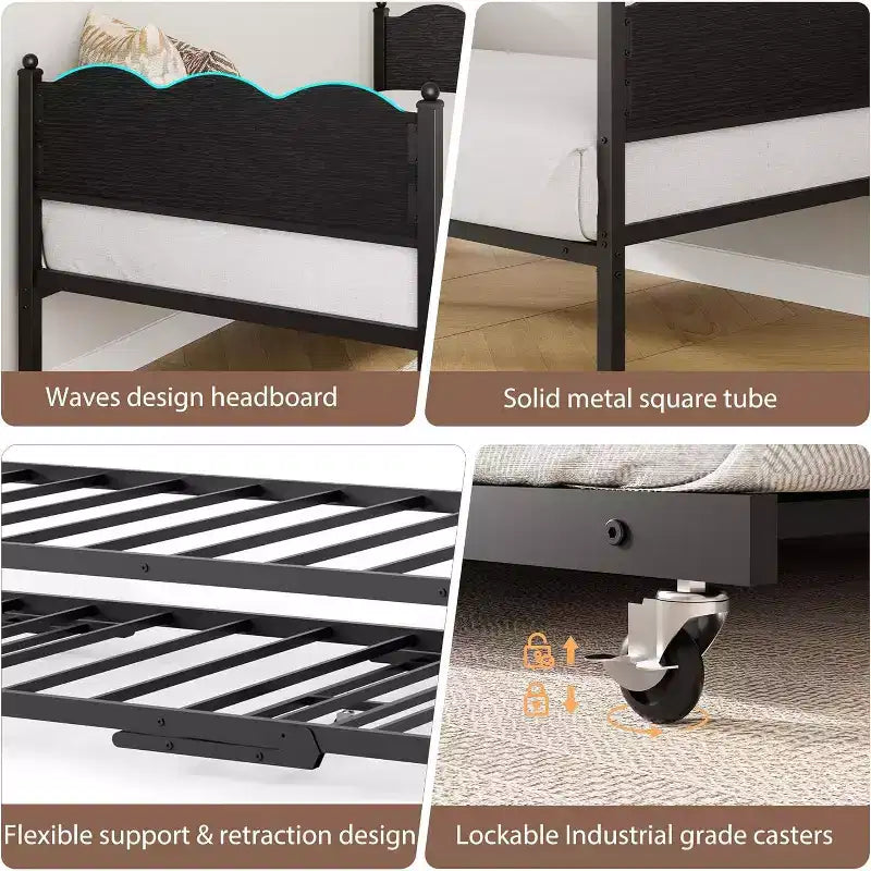 Twin Size Daybed with Trundle, Metal Frame with Wavy Wood Grain Headboard, Lockable Casters, Space-Saving Sofa Bed, No Box Spring Needed