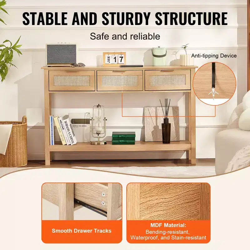 VEVOR Rattan Console Table with 3 Storage Drawers, Rattan Entryway Table with Natural Rattan Sliding Door, Console Sofa Table, Natural