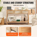 VEVOR Rattan Console Table with 3 Storage Drawers, Rattan Entryway Table with Natural Rattan Sliding Door, Console Sofa Table, Natural