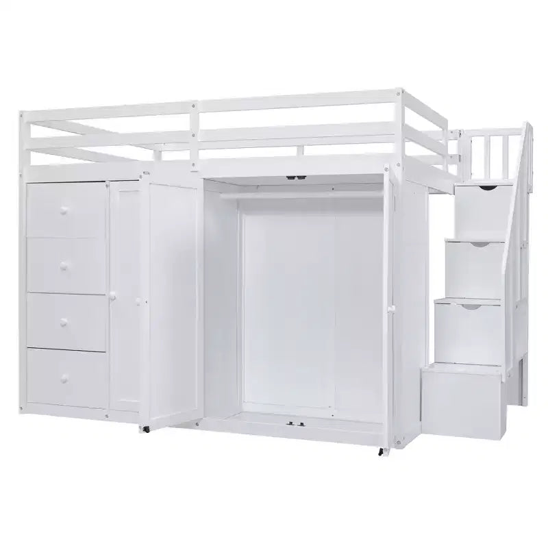 Teddy Fleece Full Size Loft Bed with Storage Shelf and Drawers, Wooden High Loft Bed with Versatile Desk for Bedroom