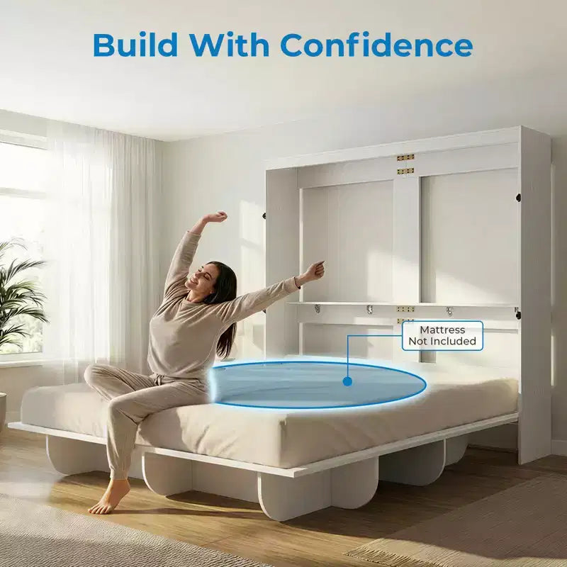 2-in-1 Invisible Murphy Bed with Shelf Storage, Queen Size, Natural Wood (Mattress Not Included)