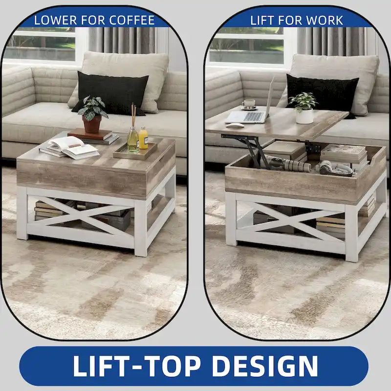 Moasis Farmhouse Square Lift Top Coffee Table with Storage Shelf for Living Room