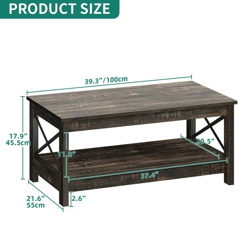 Farmhouse Coffee Table with Storage 2-Tier Center Table for Living Room