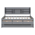 Full Size Wooden Captain Platform Bed with Built-in Bookshelves, Three Storage Drawers and Trundle