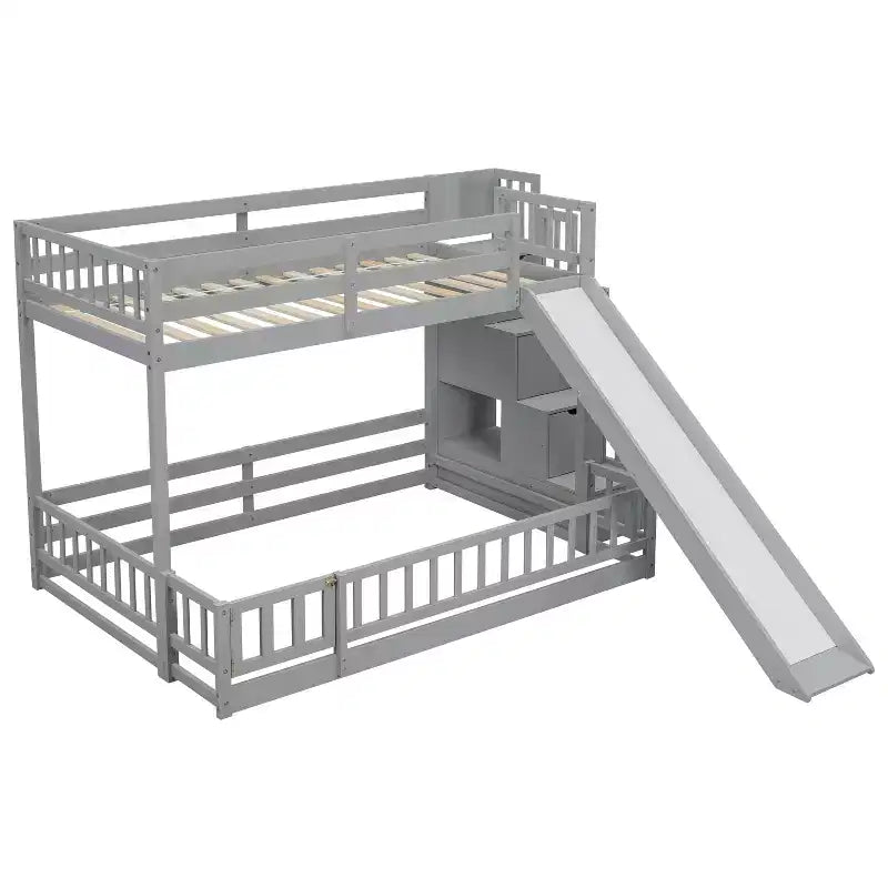 Twin over Full Bunk Bed with Slide, Storage Staircase, Safety Guardrails and Solid Pine Wood Frame, White/Grey
