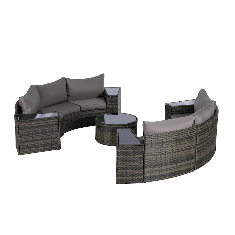 11-Piece Outdoor Half-Round Modular Sectional Sofa Set with Tempered Glass Coffee Table and 4 Side Table