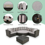 Modern 7-Piece Outdoor Wicker Sofa Set with Coffee Table, Cushions, and Striped Pillows, Suitable for Patio, Garden, Deck