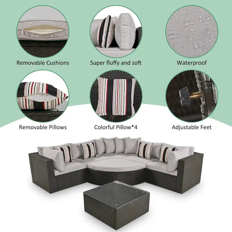 Modern 7-Piece Outdoor Wicker Sofa Set with Coffee Table, Cushions, and Striped Pillows, Suitable for Patio, Garden, Deck