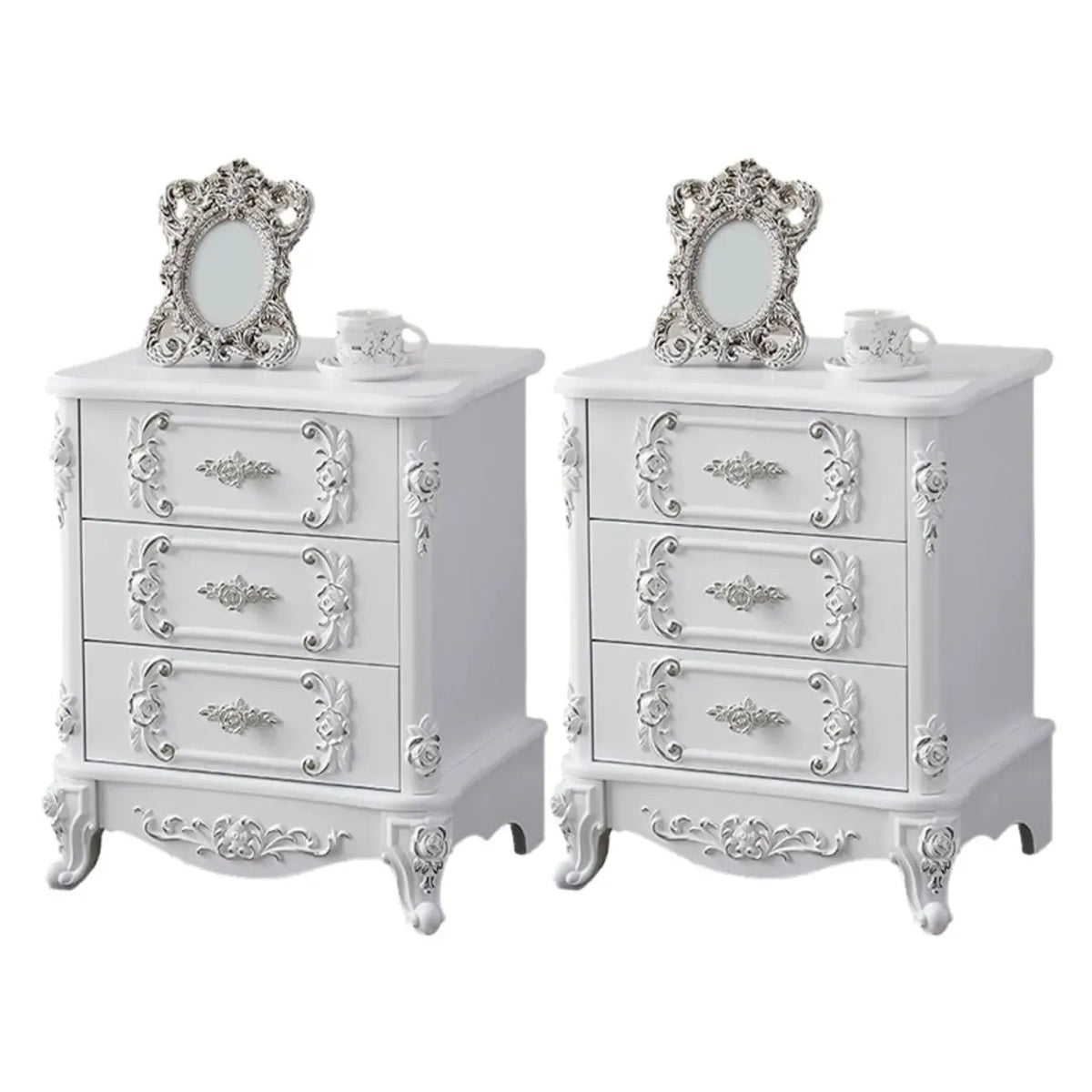 Traditional White Wood Carved 3-Drawer Nightstand