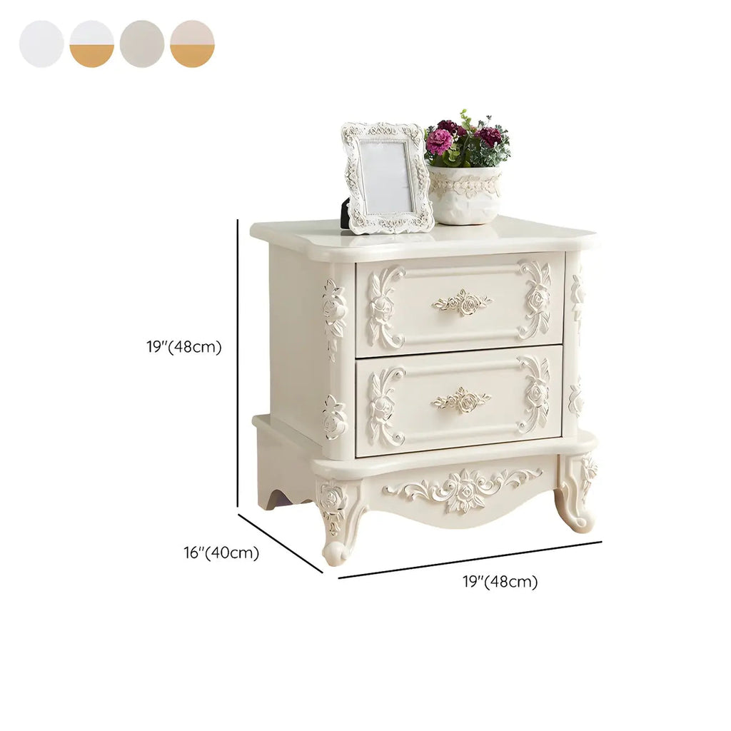 Traditional White Wood Carved 3-Drawer Nightstand