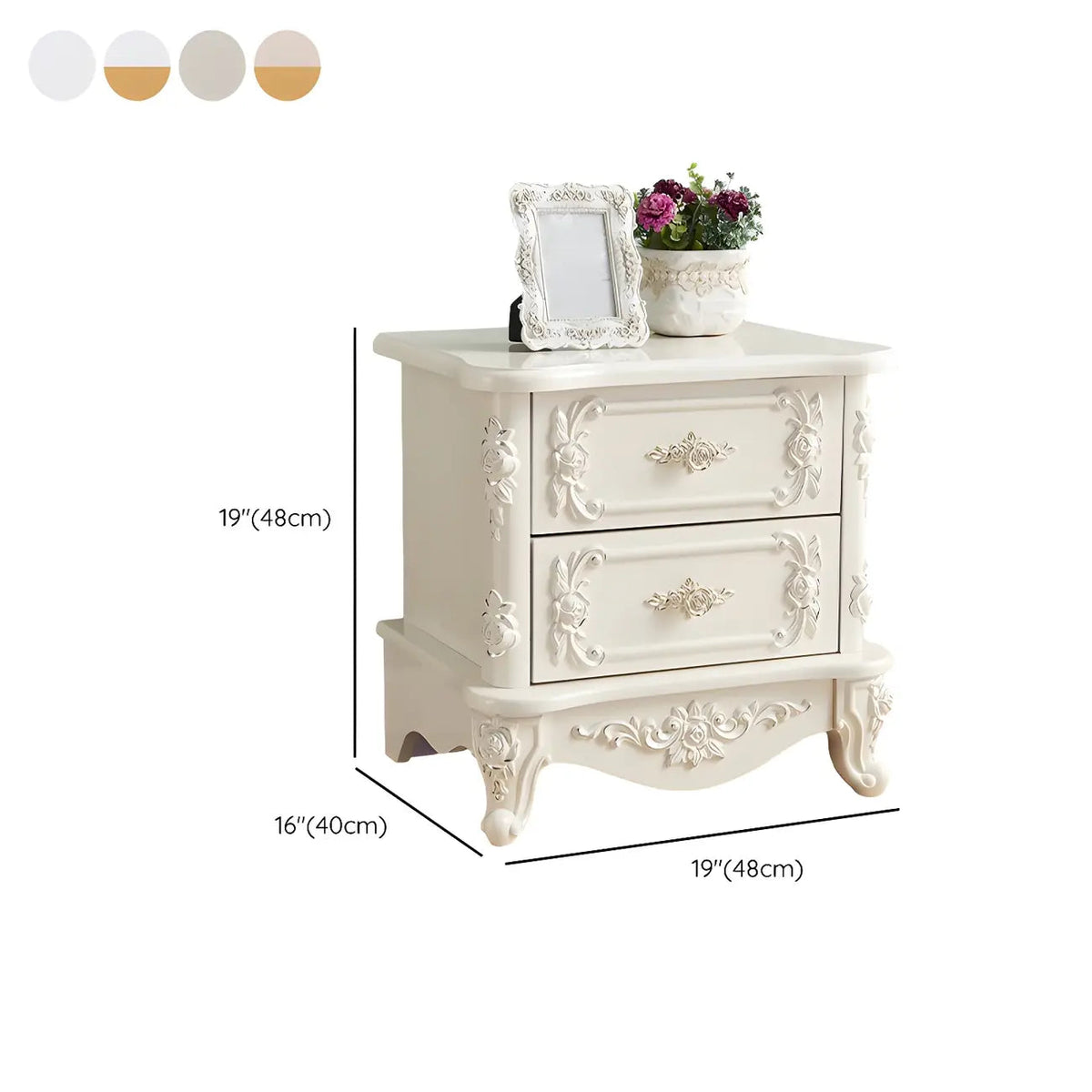 Traditional White Wood Carved 3-Drawer Nightstand