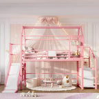 House Loft Bed with Slide and Storage Stairs - Metal Frame for Kids and Teens