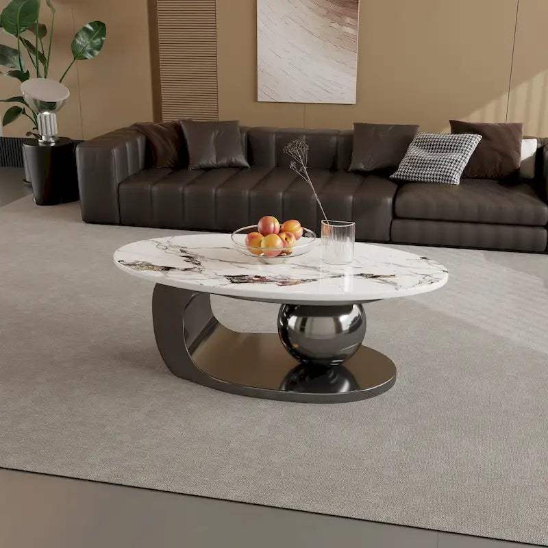 51 Modern Pandora Oval Coffee Table with Glossy Sintered stone top, Luxury Coffee Table, Stainless Steel Legs for Livingroom
