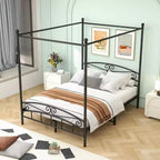 Queen Size Canopy Metal Bed Frame with Vintage Headboard and 12.4 Under-Bed Storage