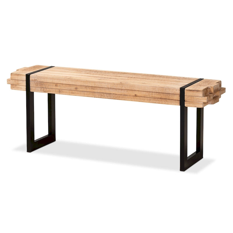 Natural Brown Finished Wood and Black Finished Metal Bench